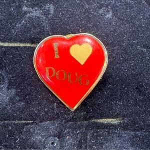 Vintage I Heart Love Doug Enamel Pin 1980 Valentines Day Red Gold Tone
